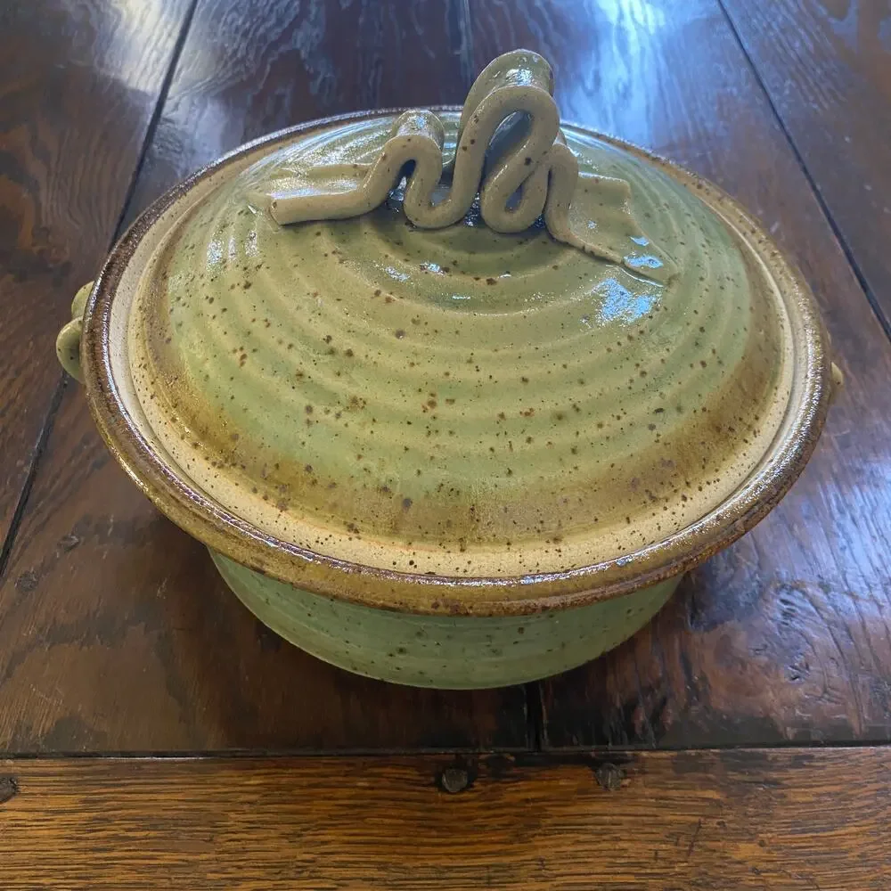 Signed Studio Pottery Green Casserole w Lid 8.5” Diameter